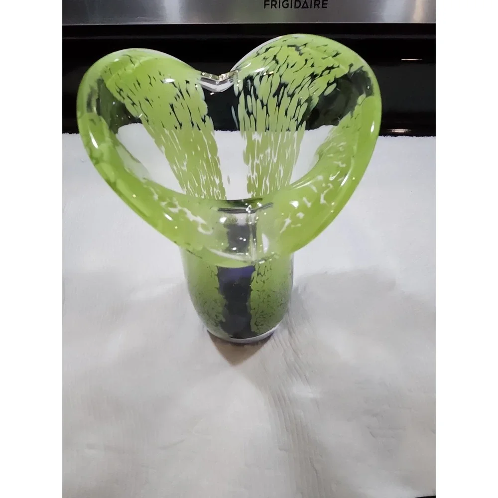 VTG~Murrhina Spatter~Lime Green/Purple~Art Glass Vase~Flared Lip~Hand Blown~8